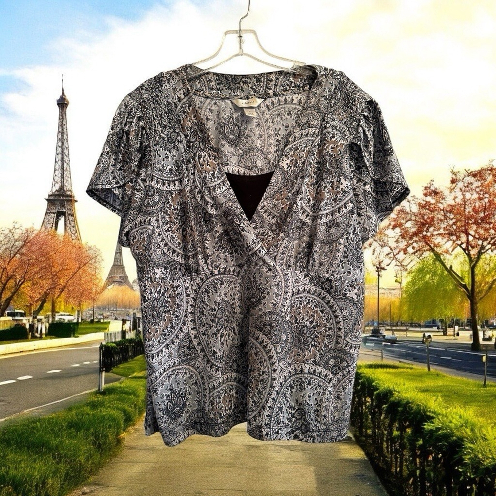 CJ Banks Career Paisley Floral Blouse Womens 1X Layered Short Sleeves V Neck